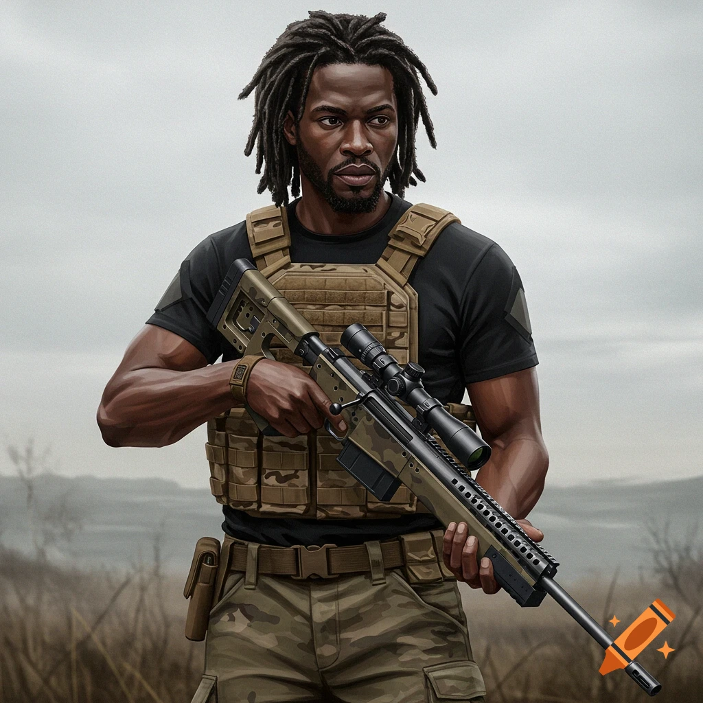 A man with dreadlocks wearing tactical gear and holding a sniper rifle.