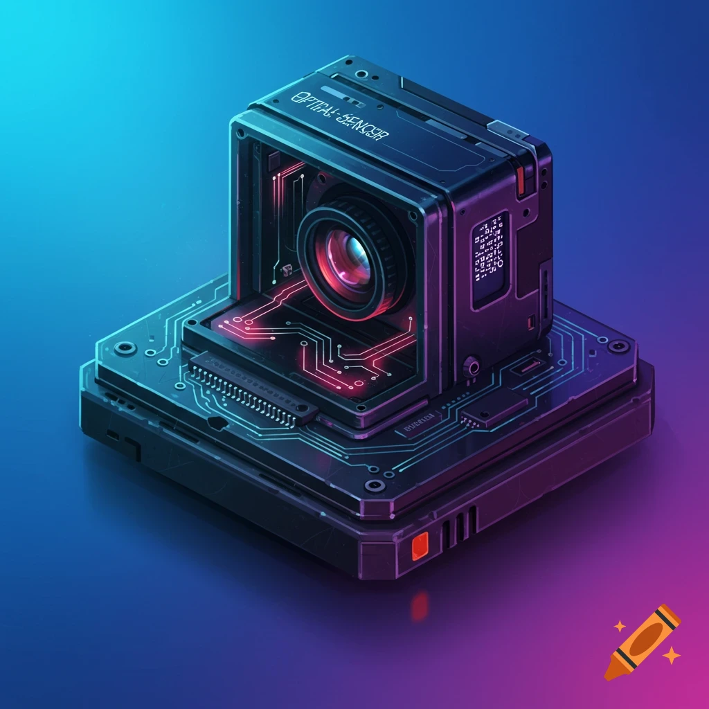 A futuristic optical sensor with glowing circuits.