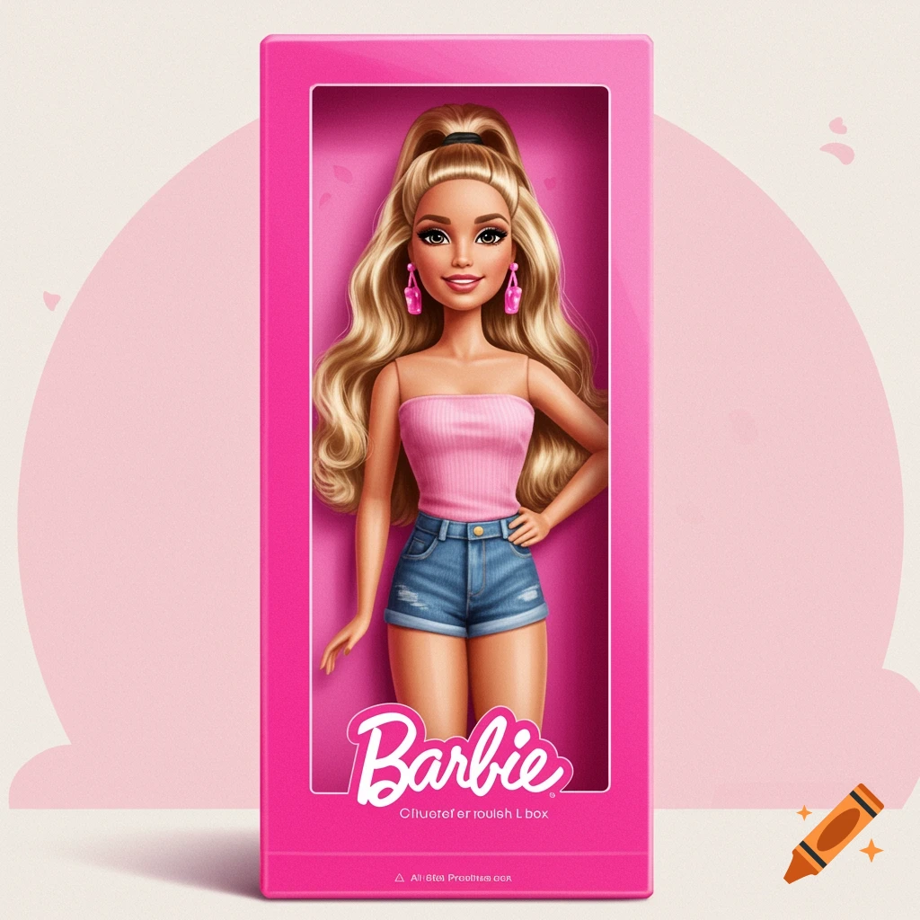 Illustration of a Barbie-style doll in a pink retail box.