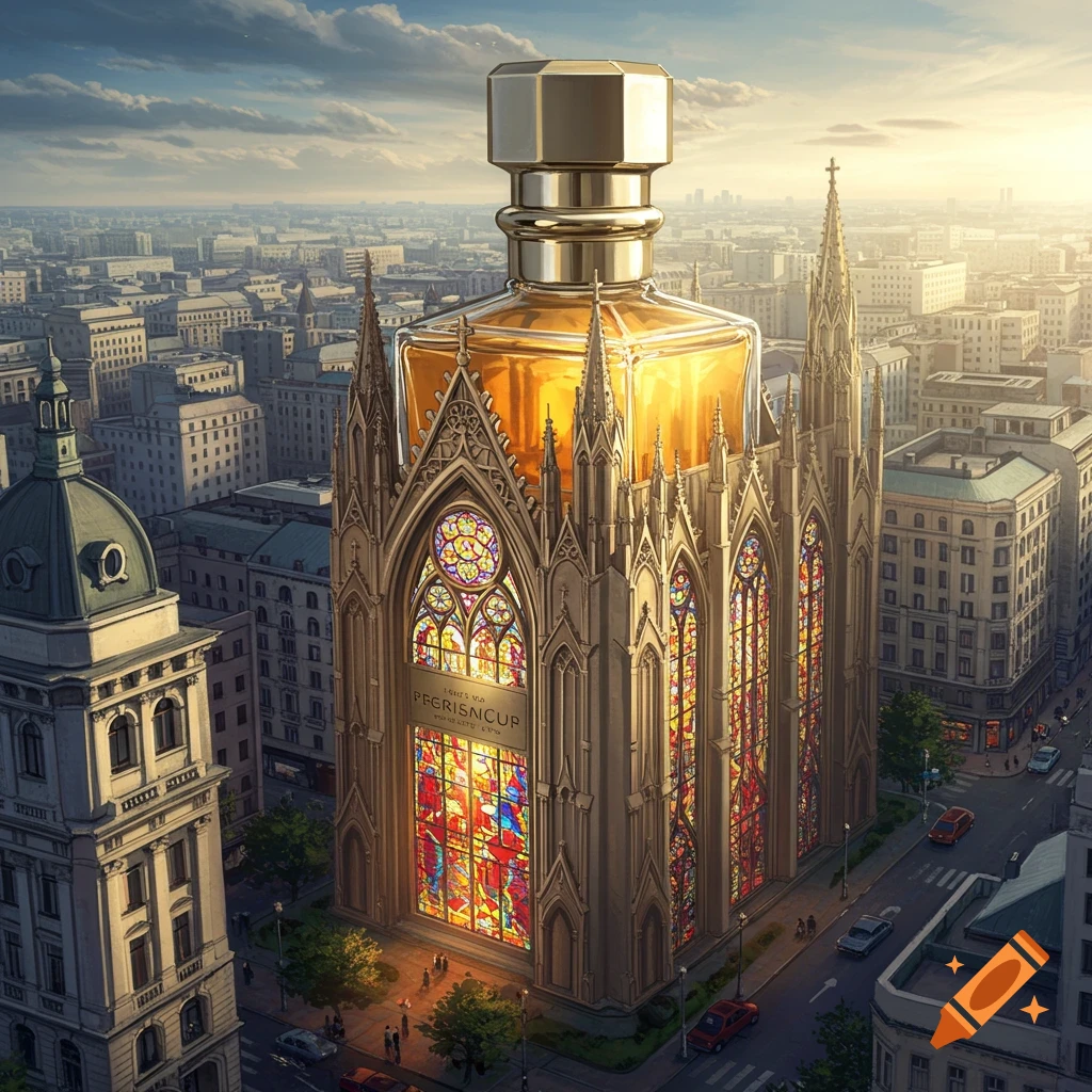 Giant cathedral-shaped perfume bottle dominates a sunlit cityscape in a detailed image.