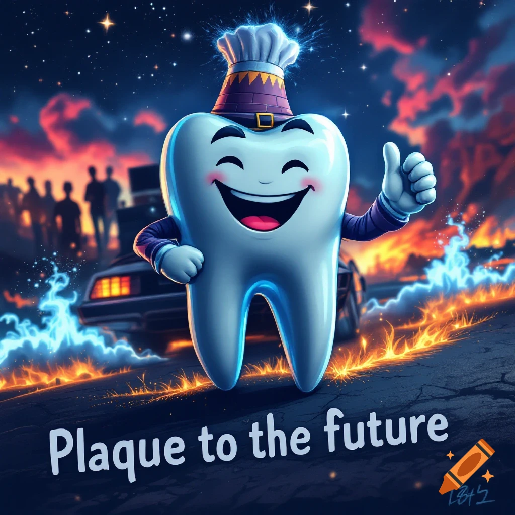 Cartoon tooth character in chef hat giving thumbs up next to a Delorean car with text 'Plaque to the future'.