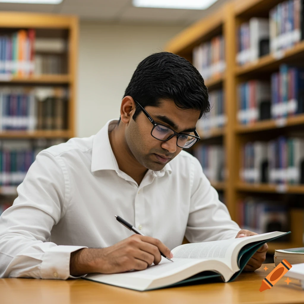 Young man wearing glasses and a white shirt studying and writing in a textbook in a library. Photorealistic.
