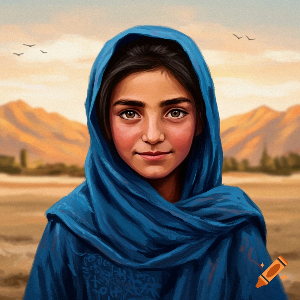 A young girl in a blue headscarf against a desert mountain landscape.