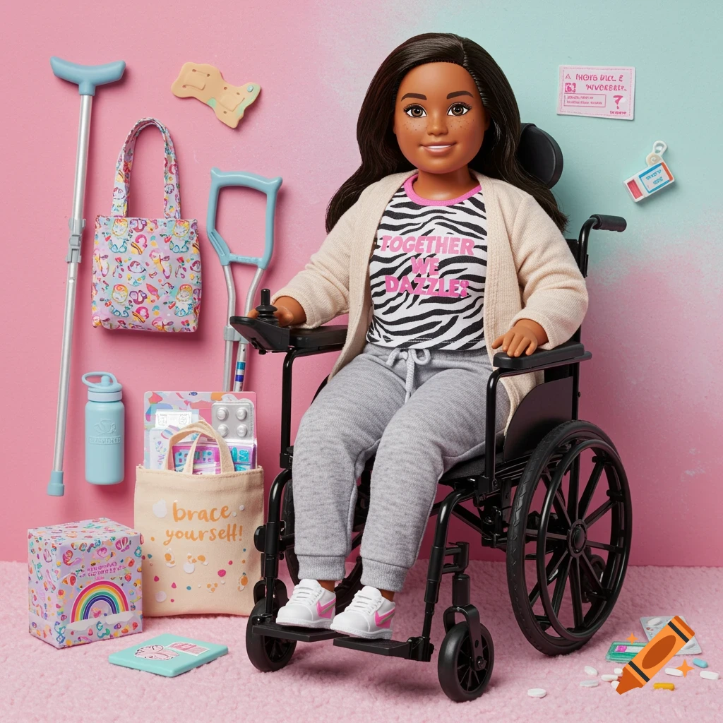 Painting of a doll in a power wheelchair with crutches, a tote bag, and medical supplies.