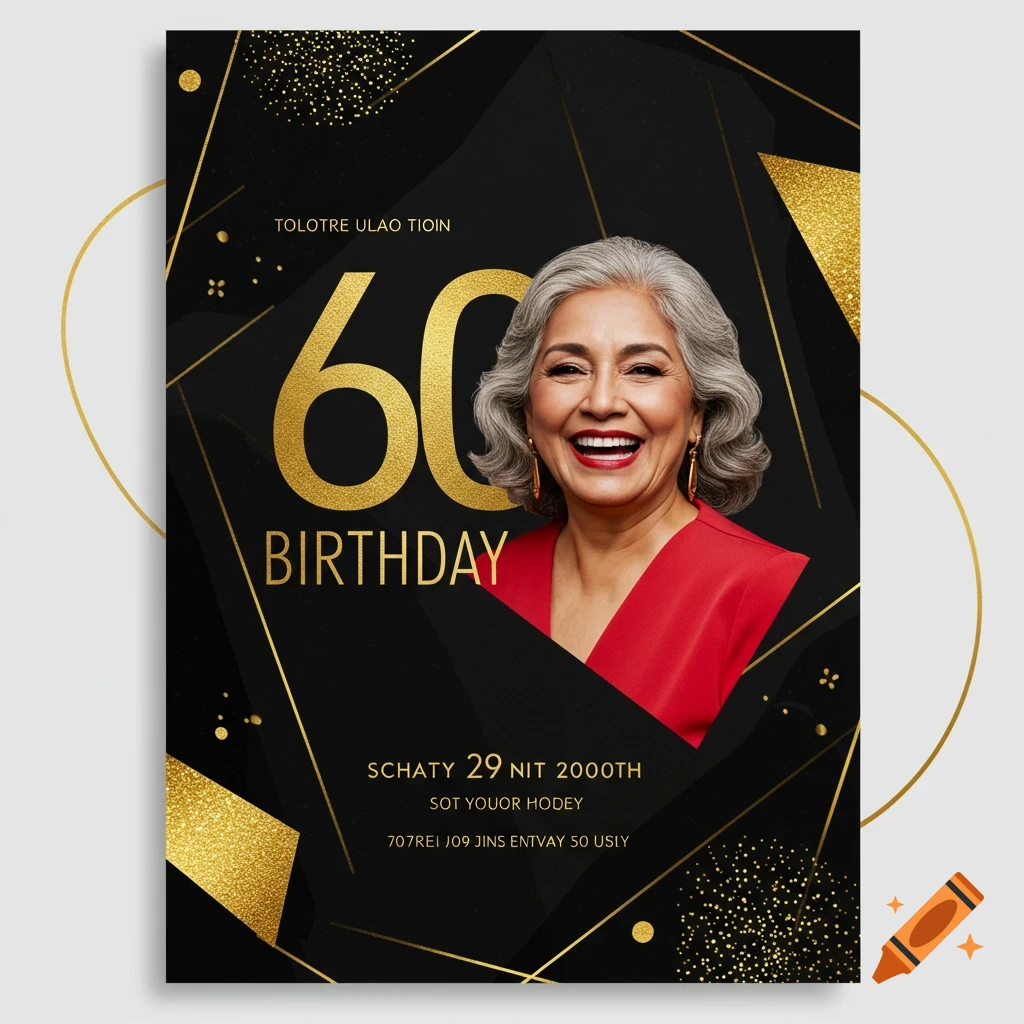 A 60th birthday invitation design featuring a smiling woman, the number 60, and abstract black and gold shapes.