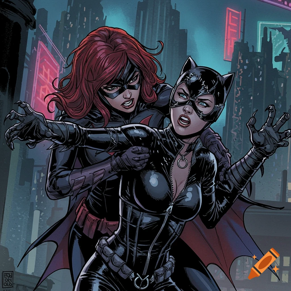 Comic book art of Batwoman restraining Catwoman in a city alley.