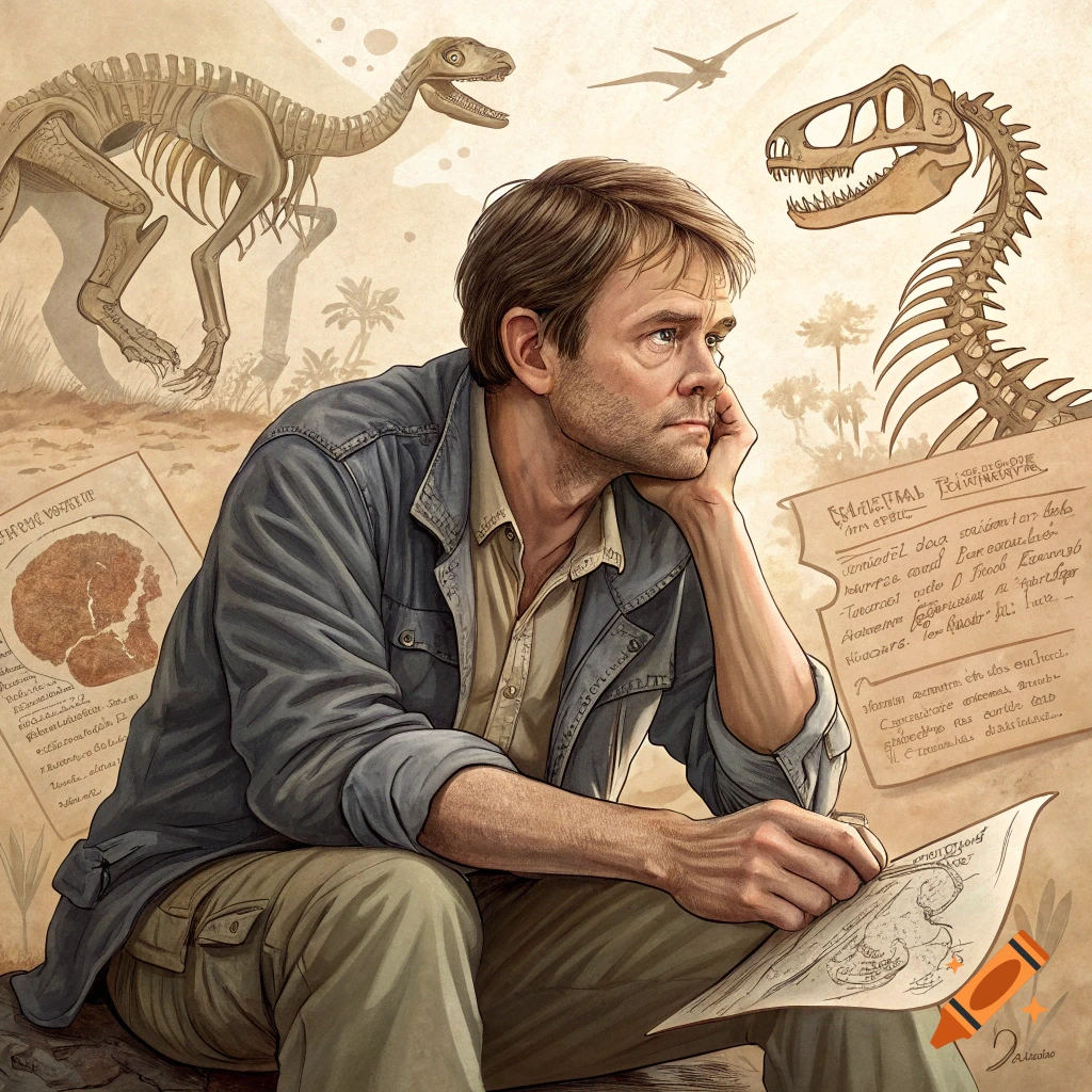A man sits looking at a drawing, with dinosaur skeletons and papers around him.
