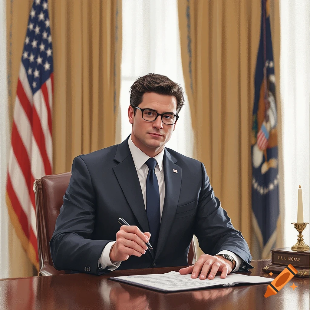 A man in a suit is signing a document at a desk in an office with flags behind him.