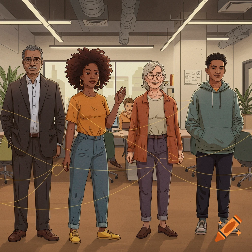 Professional illustration of diverse people in an office connected by golden threads.