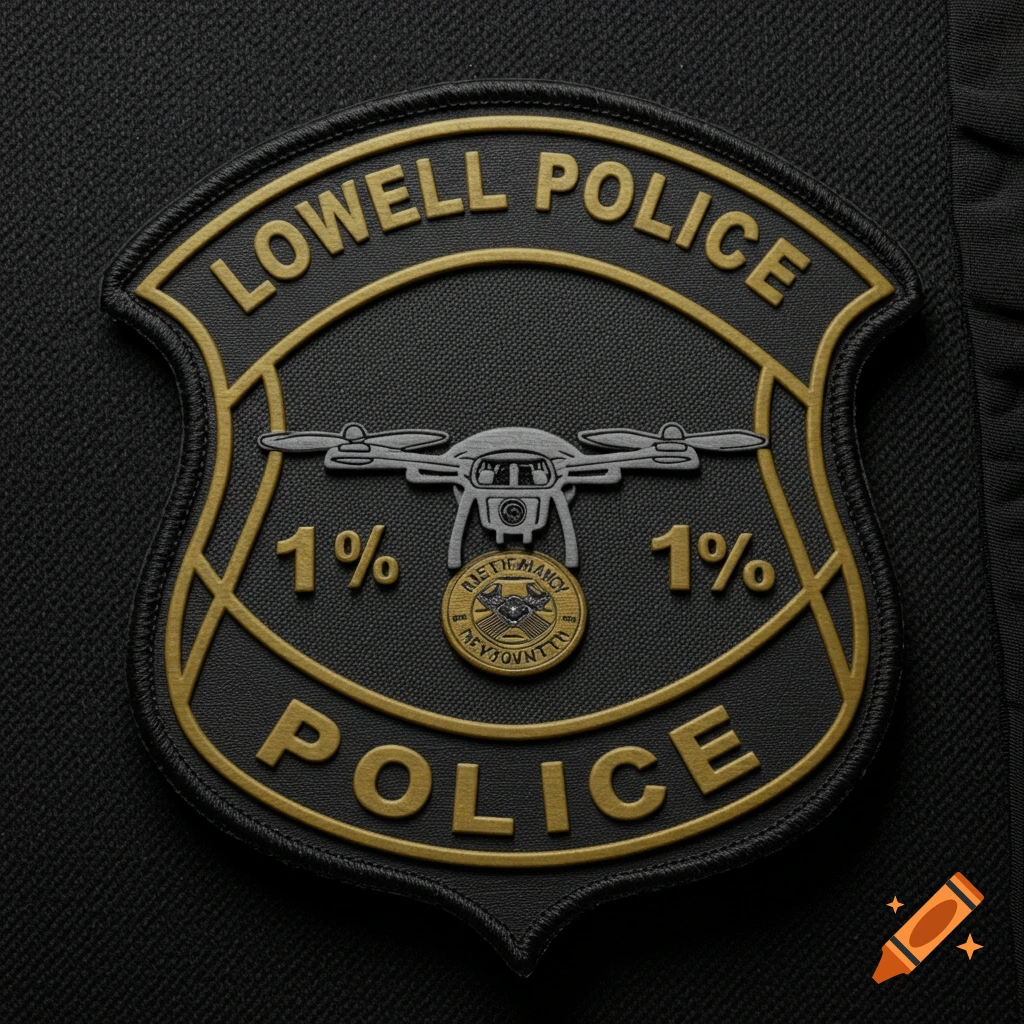 Black and gold shield patch for Lowell Police Drone Unit with a drone icon and '1%'