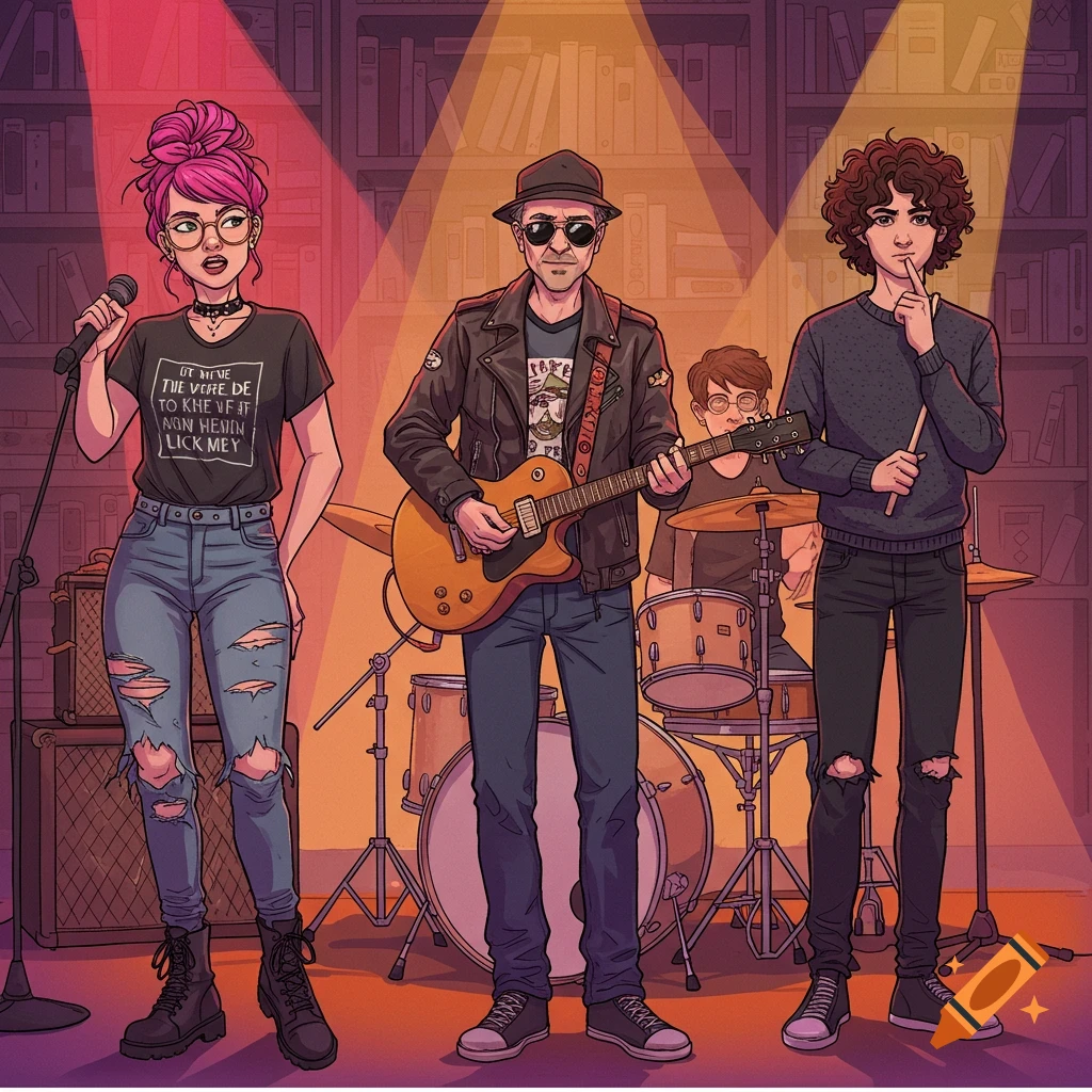 Cartoon illustration of a rock band playing in front of a bookshelf.