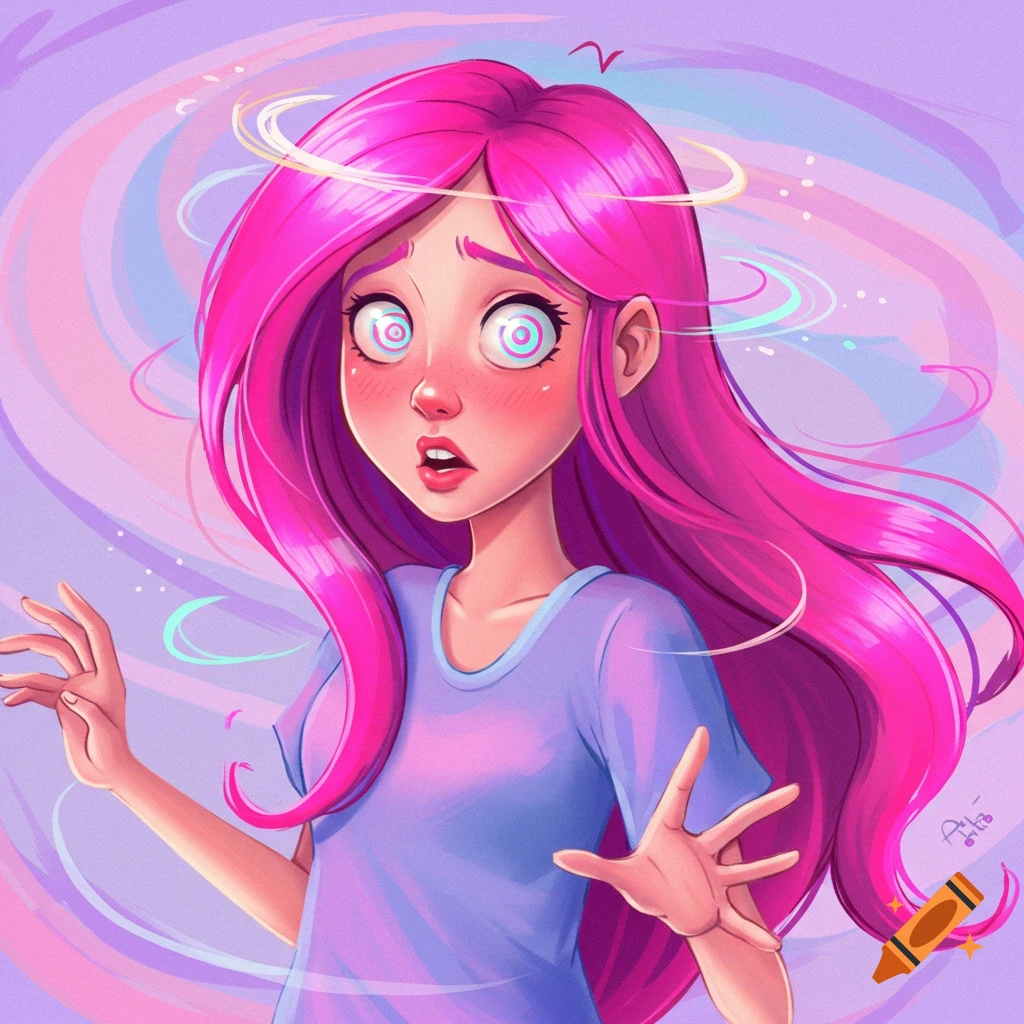 Digital illustration of a surprised or dizzy girl with pink hair and swirling eyes against a colorful, swirling background.