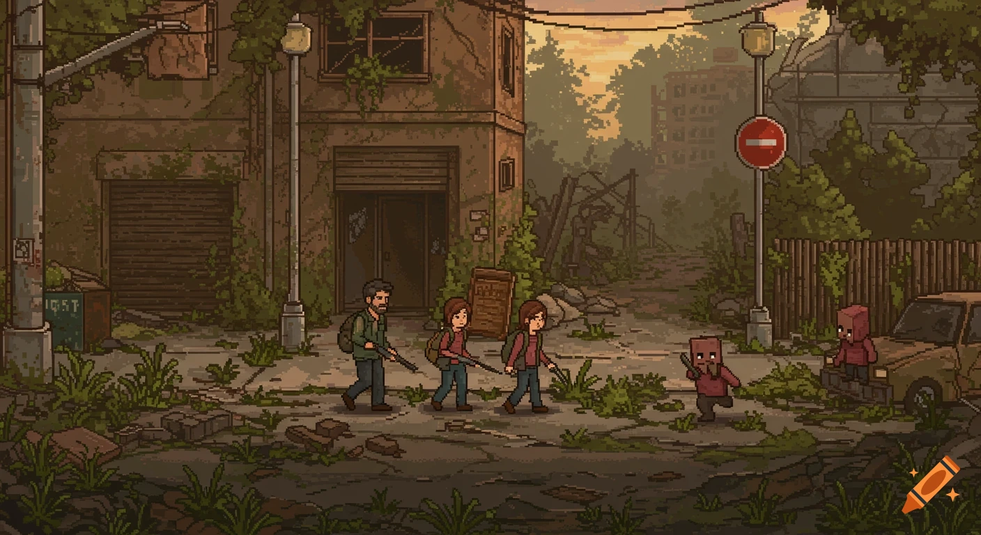 Pixel art of characters walking through a ruined city street in a 16-bit video game style.