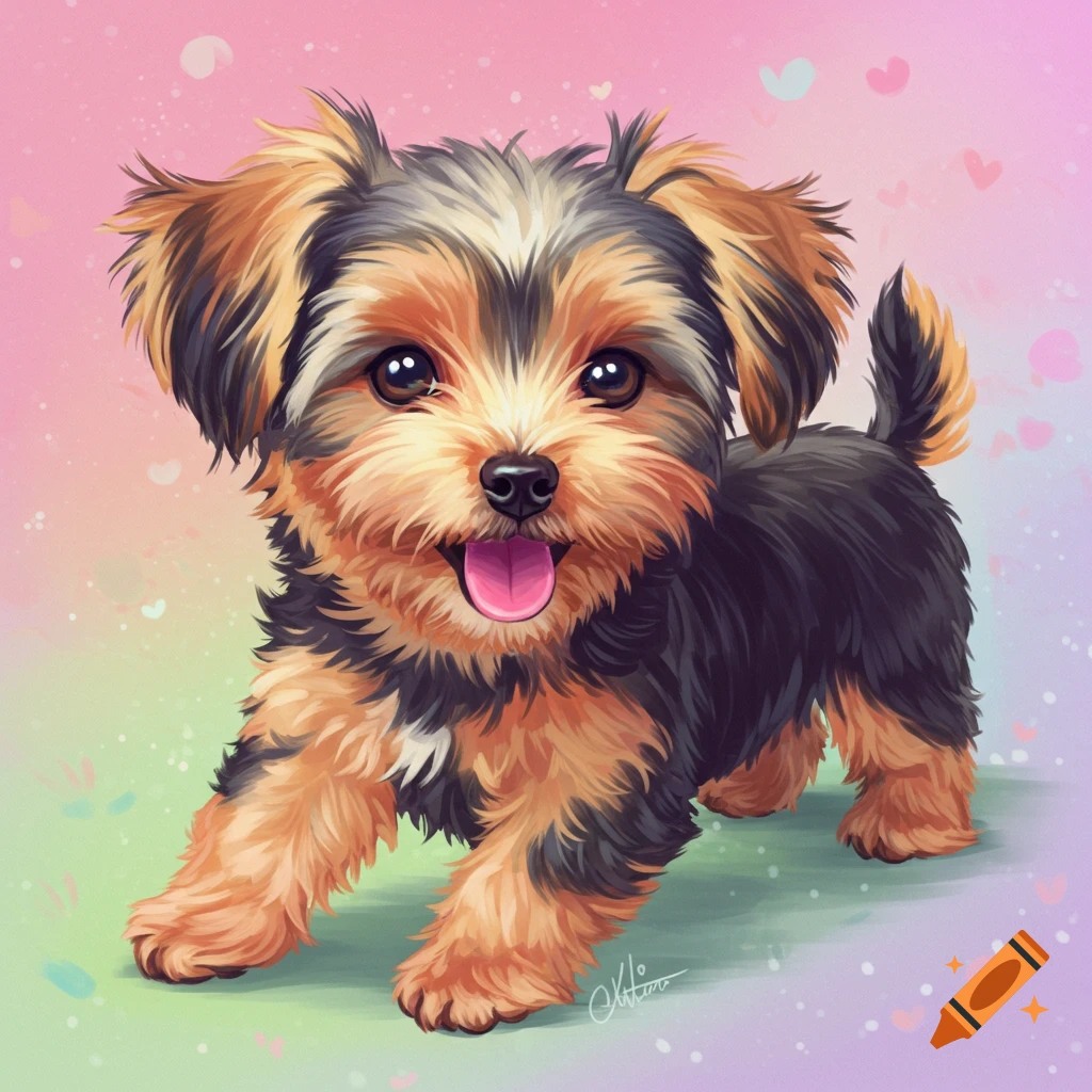A cute image of a small brown and black puppy with its tongue out, set against a pink and green pastel background.