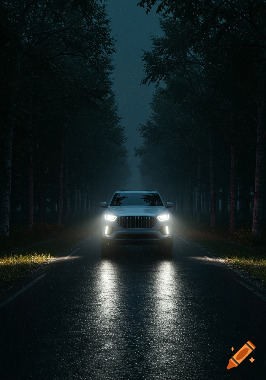 A white SUV drives down a dark, rain-slicked road through a forest at night