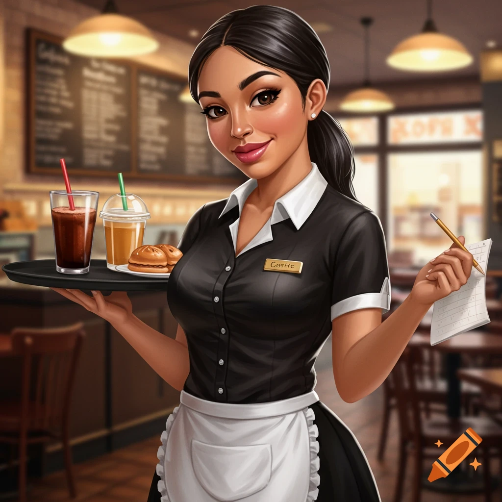 A waitress in a restaurant holding a tray with drinks and food, and an order pad.