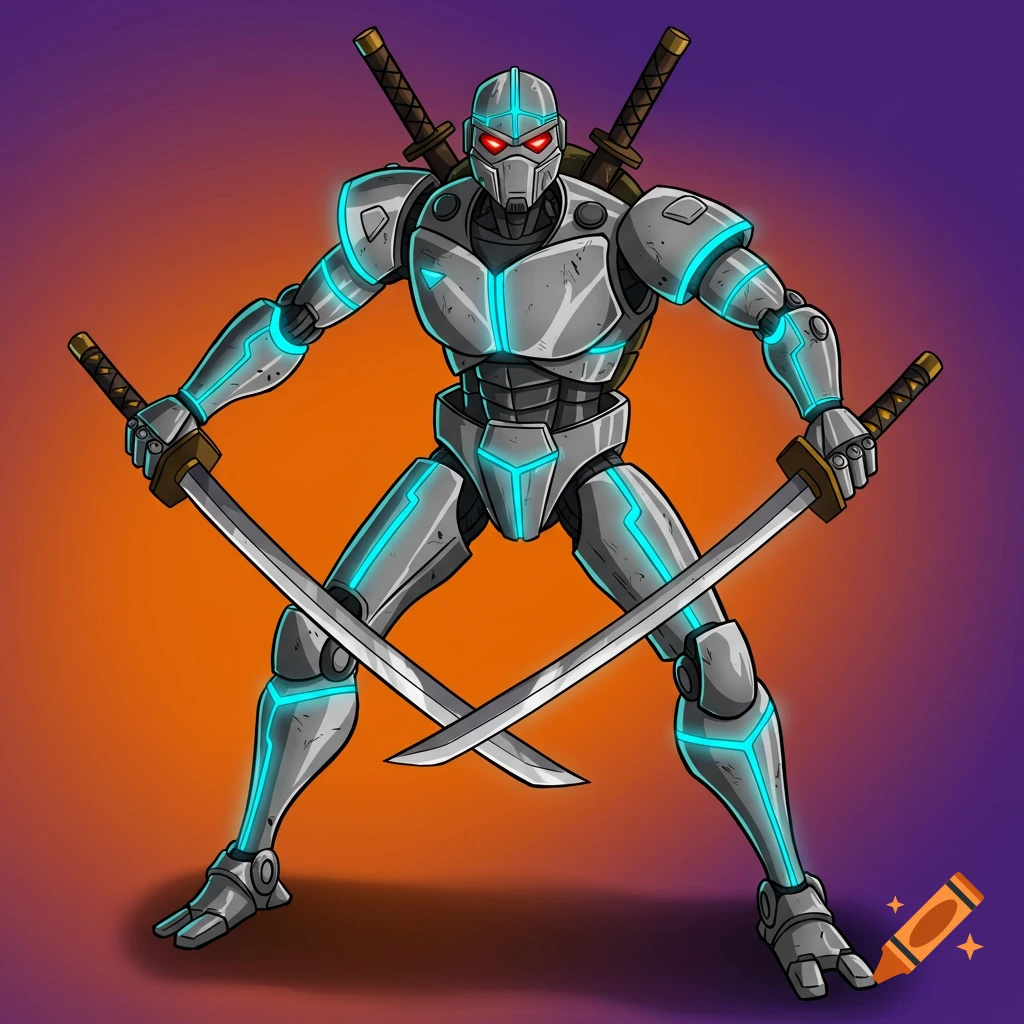 A cartoon-style robot ninja holds two swords in a ready stance against an orange and purple gradient background.