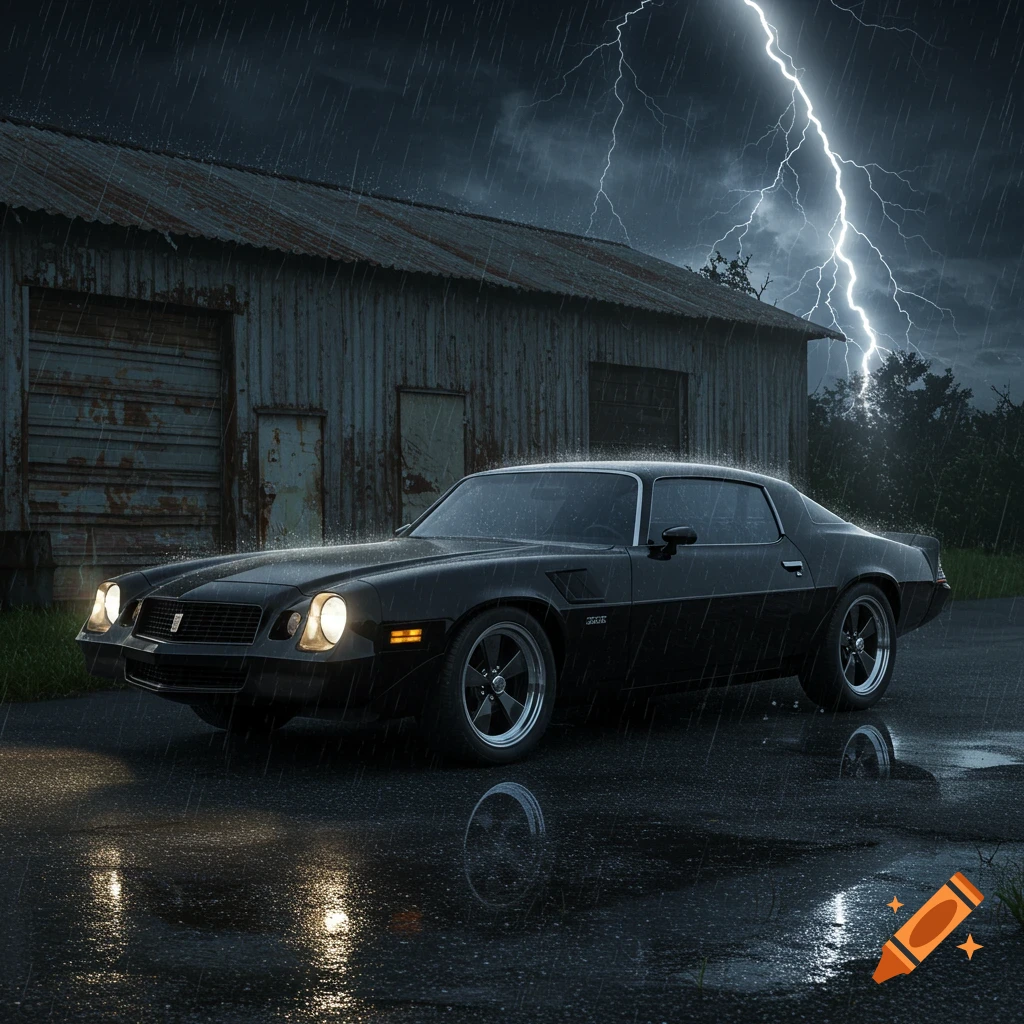 Black 1979 Camaro parked in heavy rain outside a warehouse with lightning overhead.
