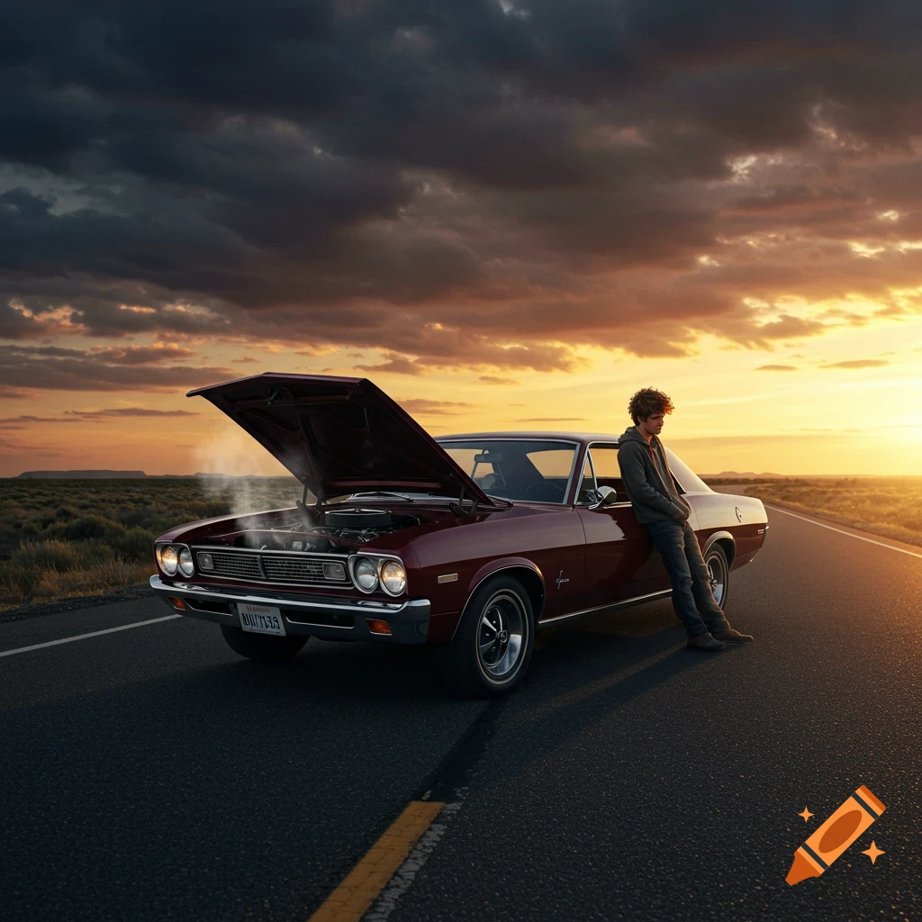 Photorealistic image of a classic car broken down on a desolate road at sunset with a person leaning on it.