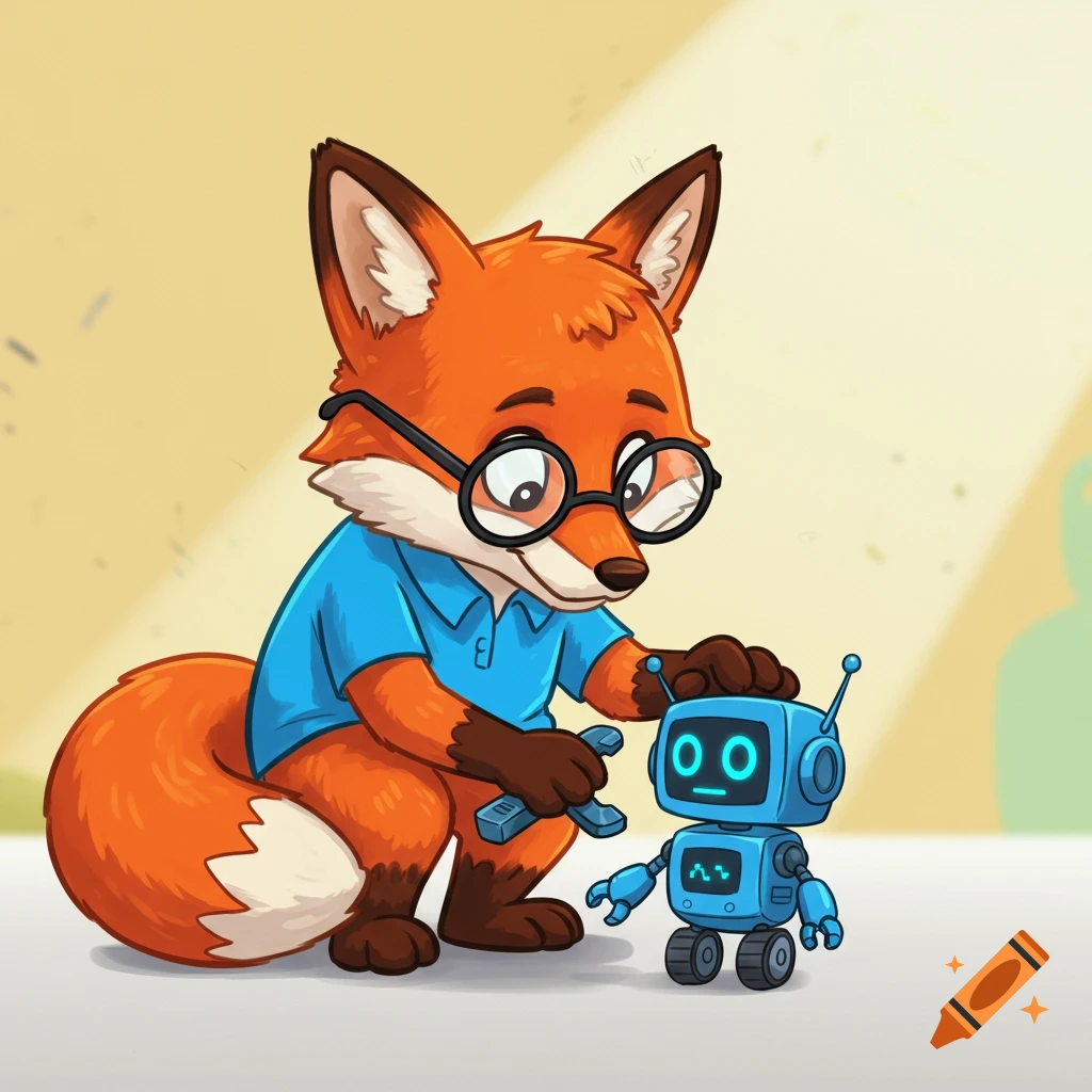 Cartoon fox wearing glasses fixing a small blue robot