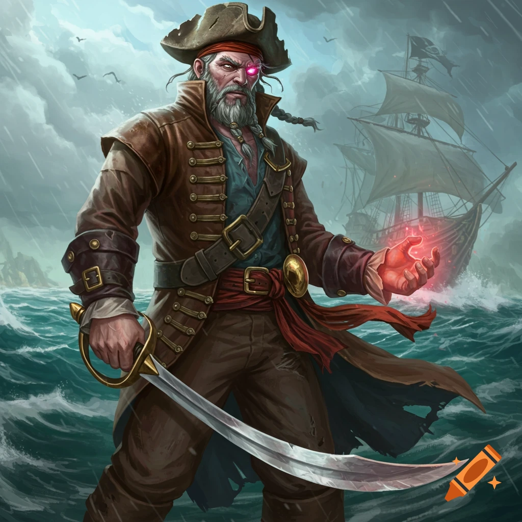 An illustration of a pirate captain with a glowing hand and sword standing in rough seas with a ship behind him.
