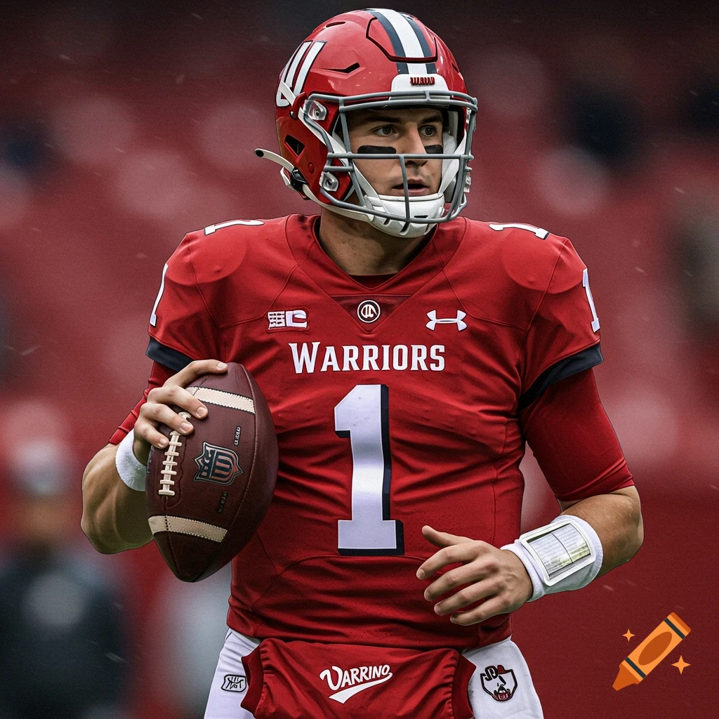 A football player in a red jersey holding a football.