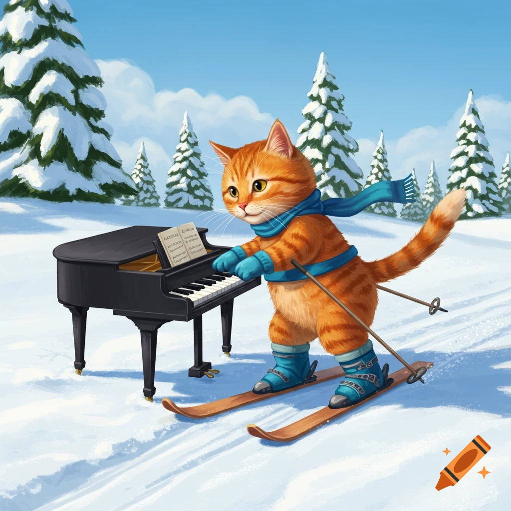 Cartoon cat skiing and playing a grand piano in a snowy landscape.