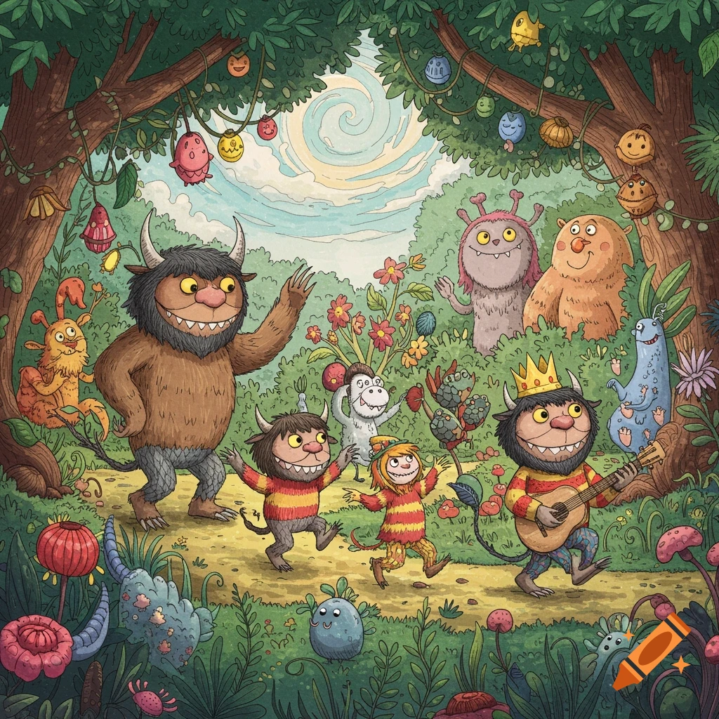 Max and wild things dancing and playing music in a forest, children's book illustration
