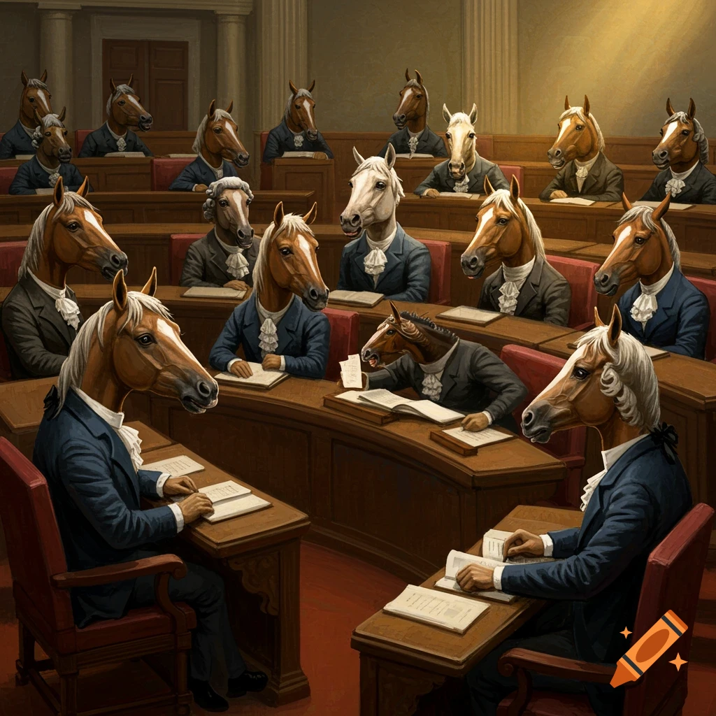 Anthropomorphic horses in suits sit at desks in a legislative chamber.