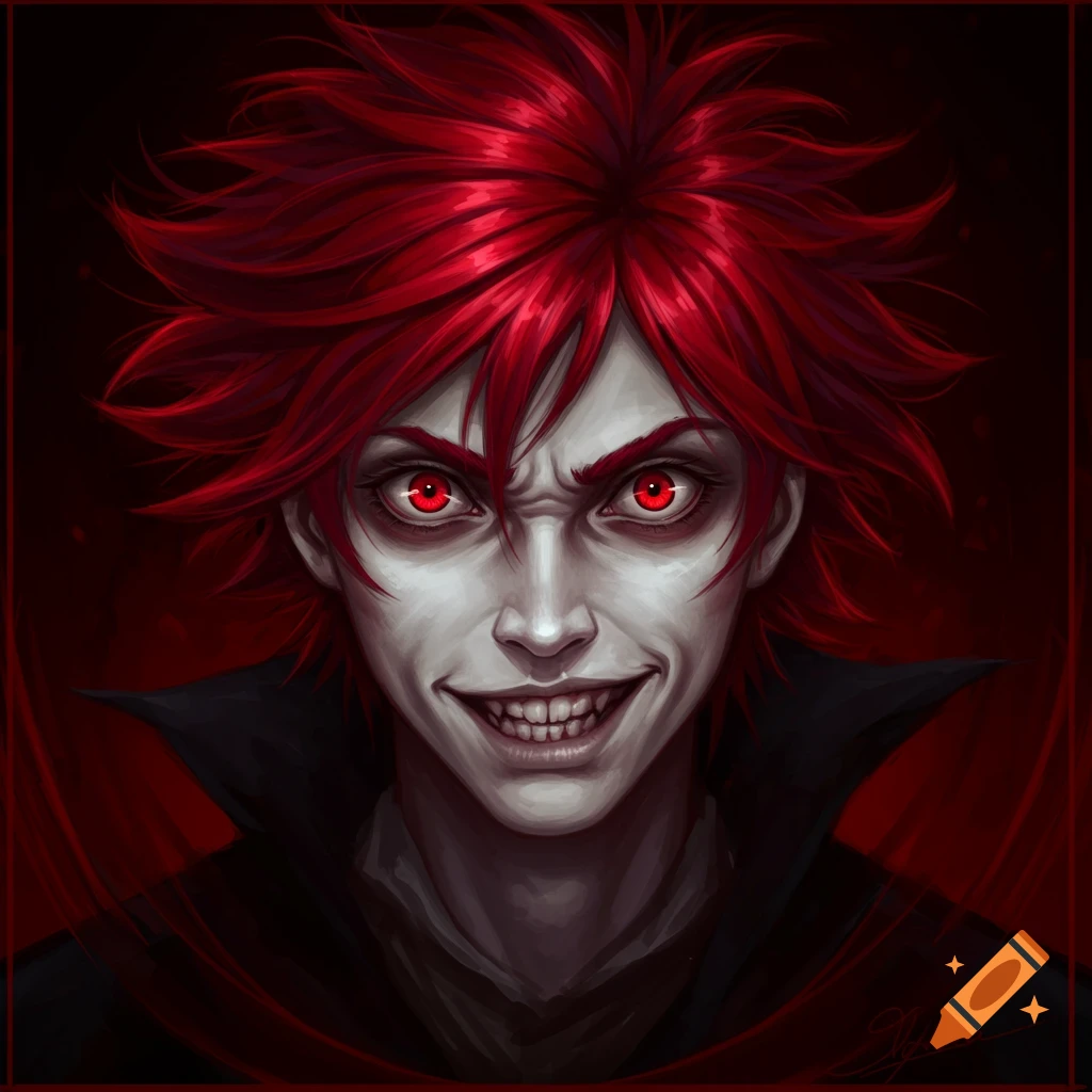 Portrait of a young man with red hair, pale skin, glowing red eyes, and a sharp-toothed smile.
