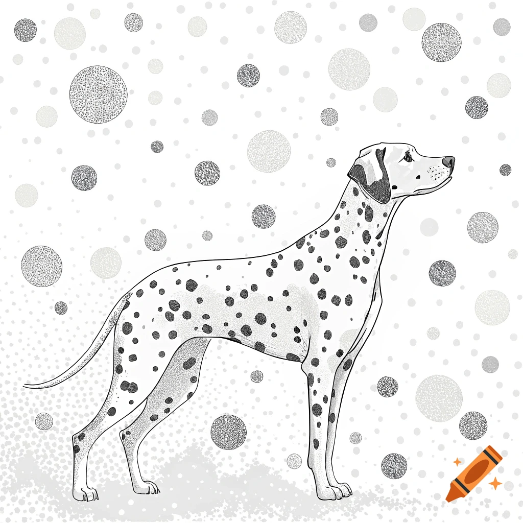 A stylized illustration of a Dalmatian dog standing against a background of gray and white dots.