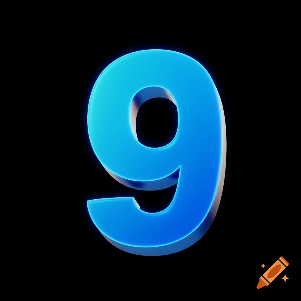A bright blue number 9 digitally painted on a black background.