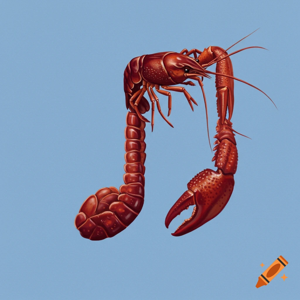 A red crawfish shaped like a musical note against a blue background.