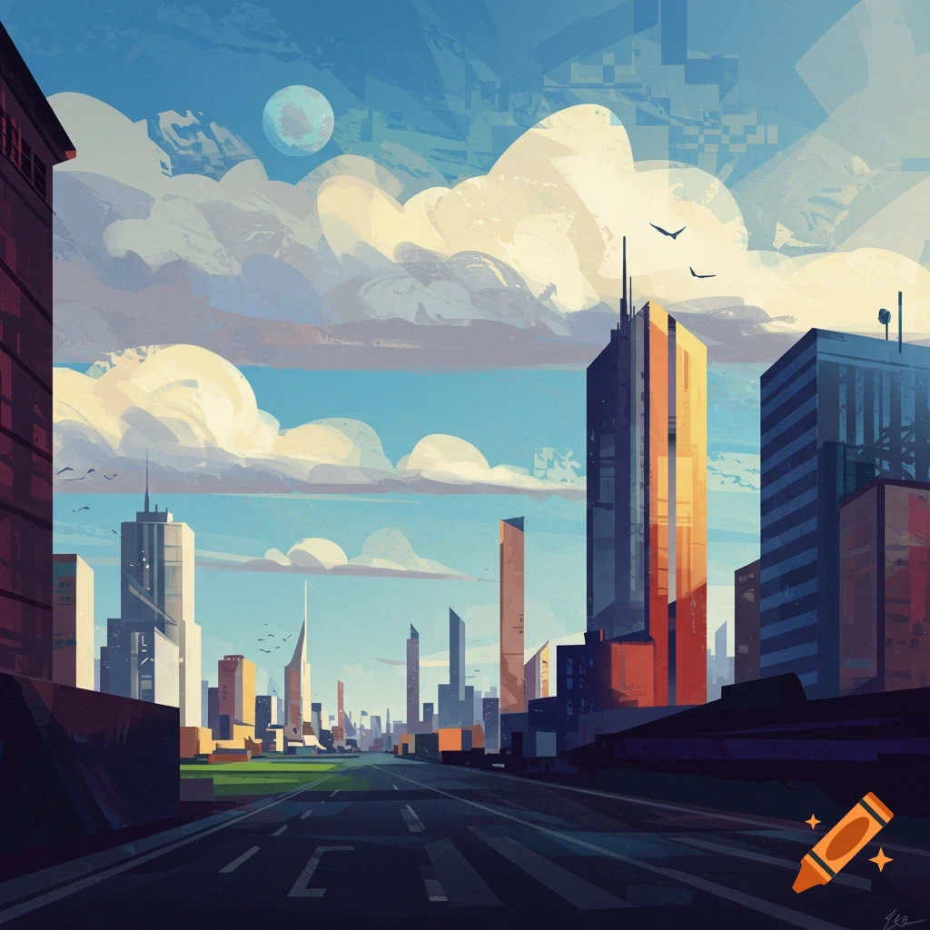 A stylized image of a cityscape with tall buildings under a cloudy sky.