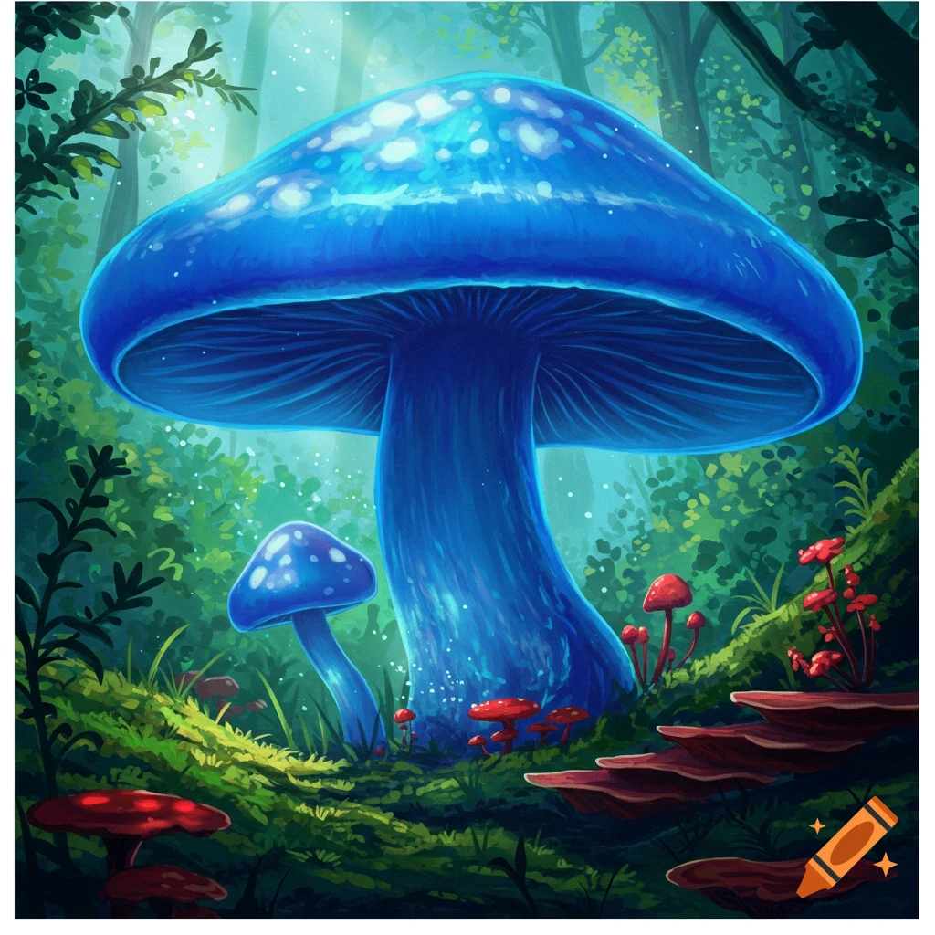 A large blue mushroom stands alongside smaller red mushrooms in a mystical forest.