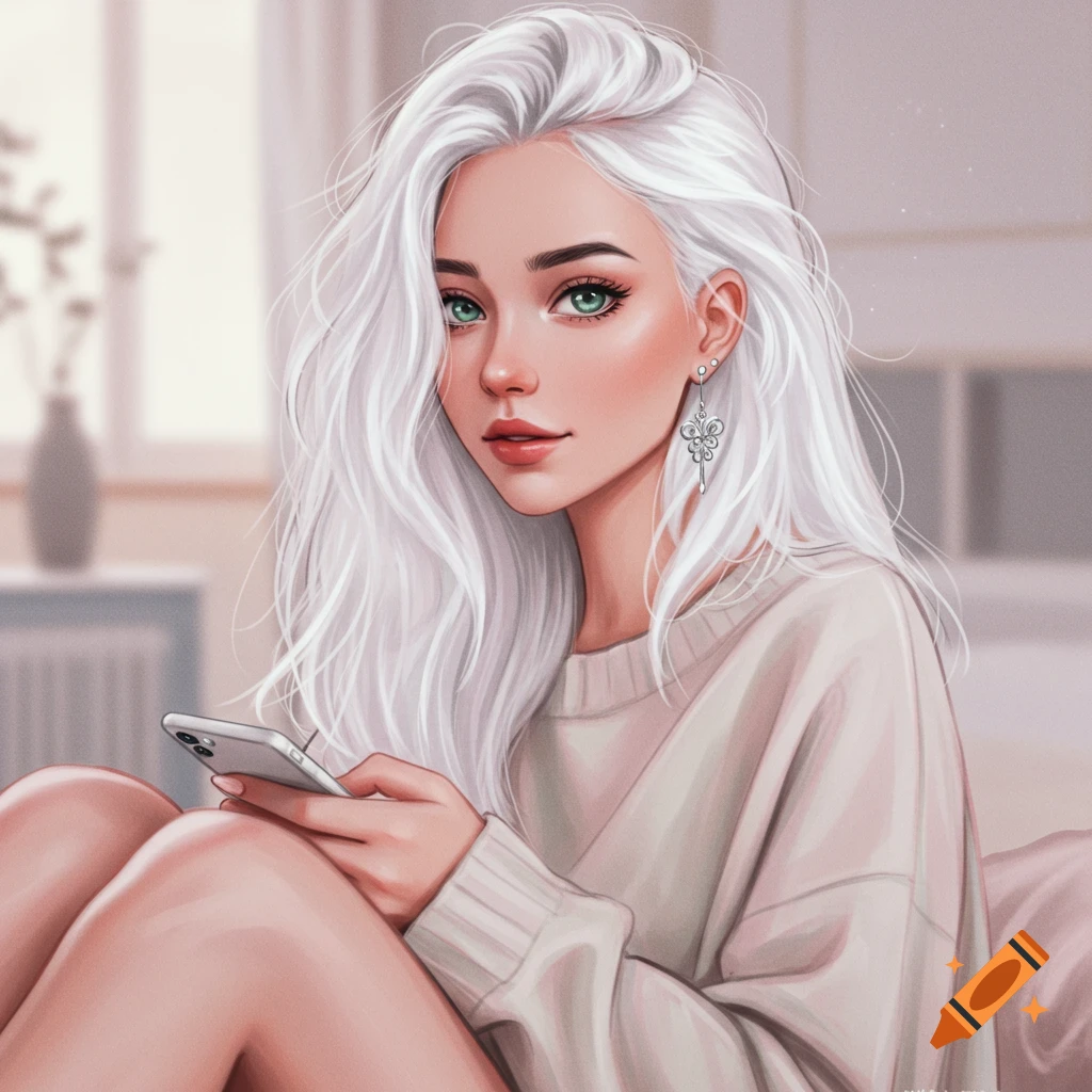 A young woman with white hair and green eyes is holding a phone.