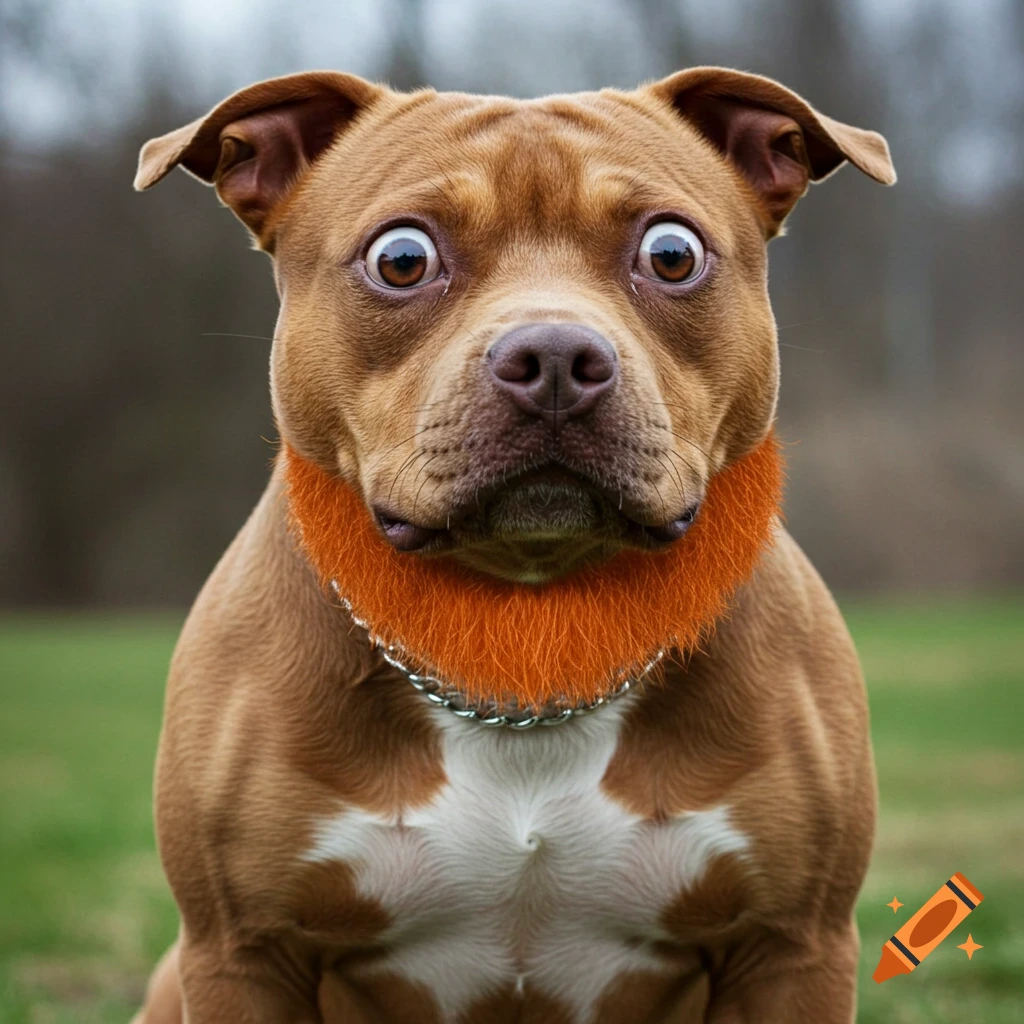 Brown dog with bugged eyes and orange fuzzy neck piece sits outdoors.