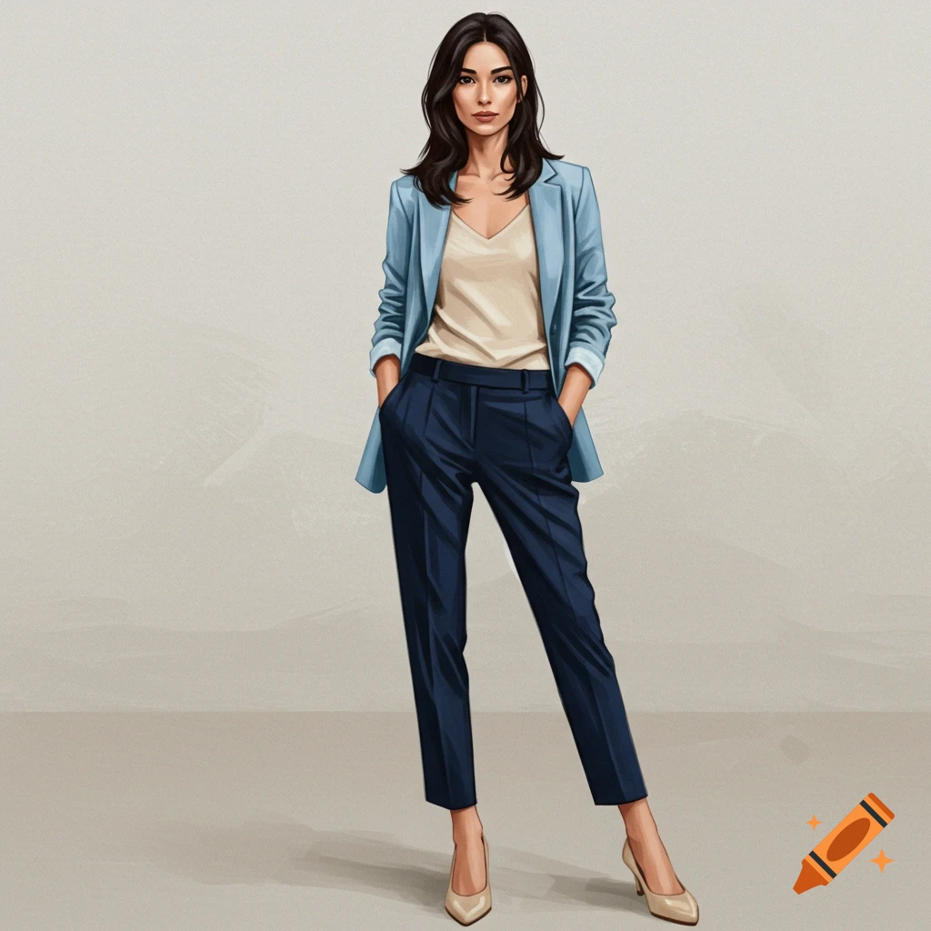 A woman in a light blue blazer, beige top, and navy pants.