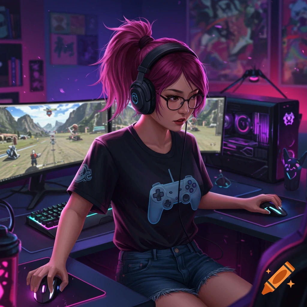 A girl with pink hair, glasses, and headphones is gaming at a multi-monitor setup in a neon-lit room.