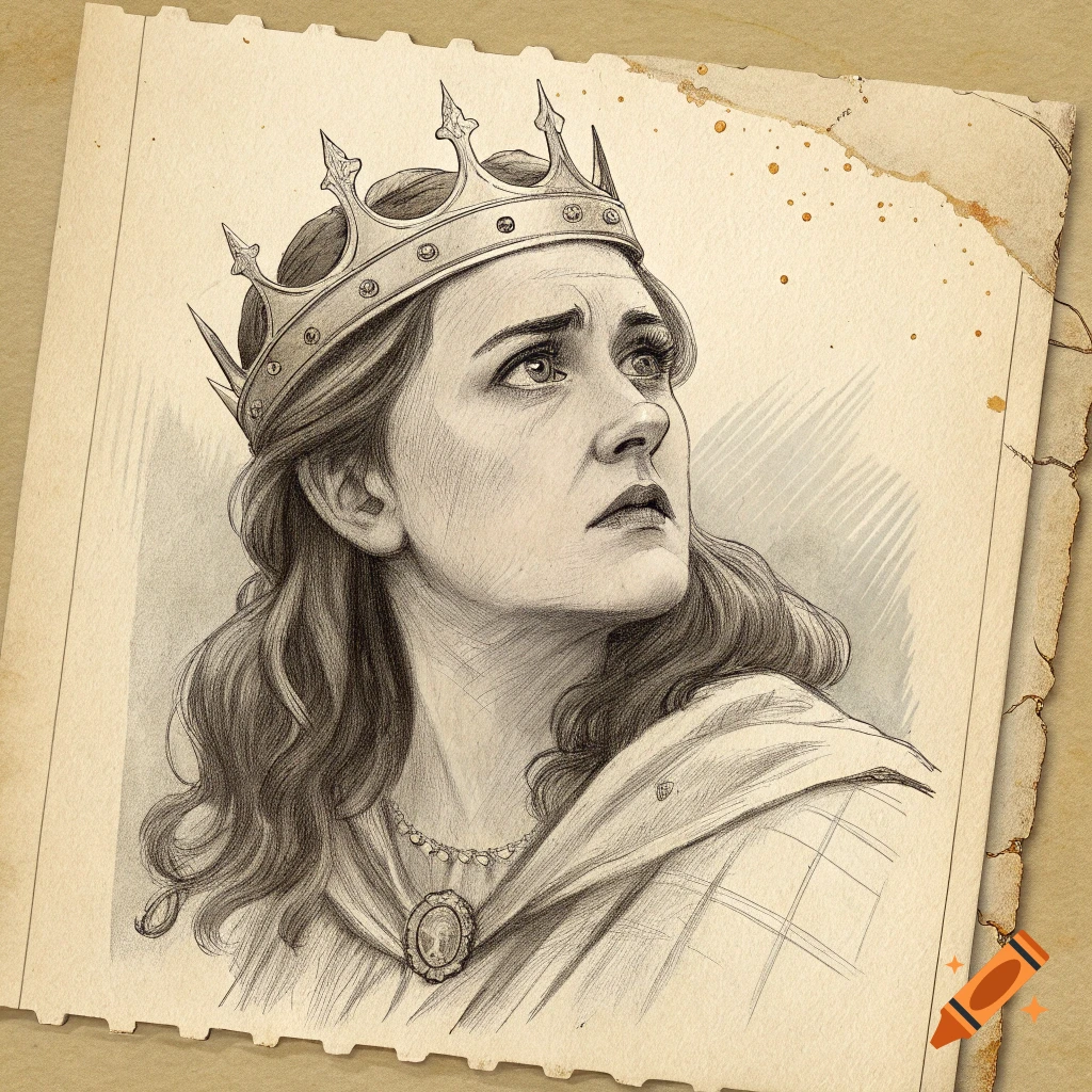 Sketch portrait of a woman wearing a crown on aged, torn paper