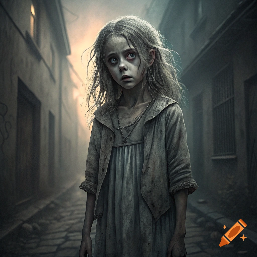 An eerie portrait of a pale, messy-haired girl standing in a dark, narrow street.