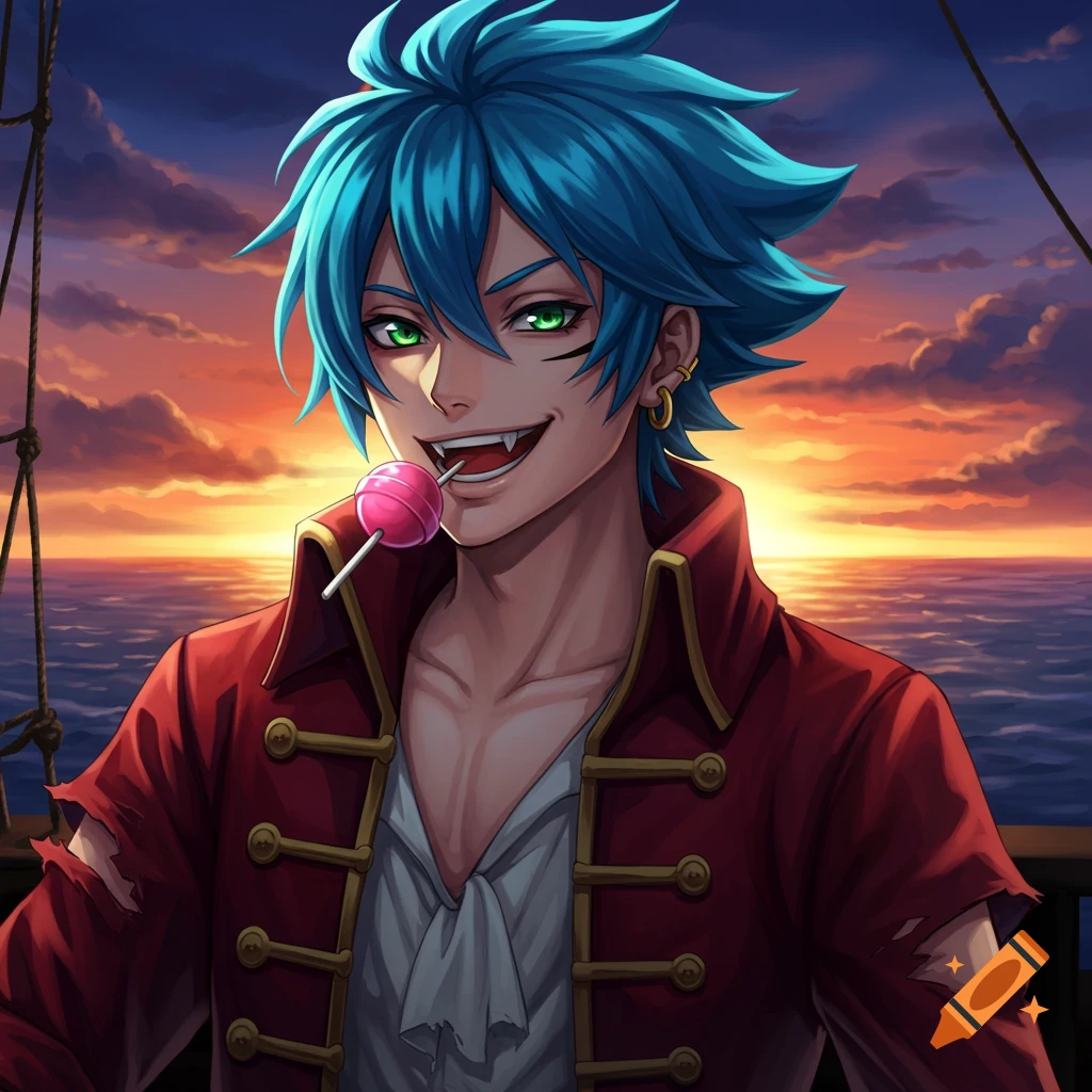 Anime pirate with blue hair and green eyes holding a lollipop against a sunset ocean background.