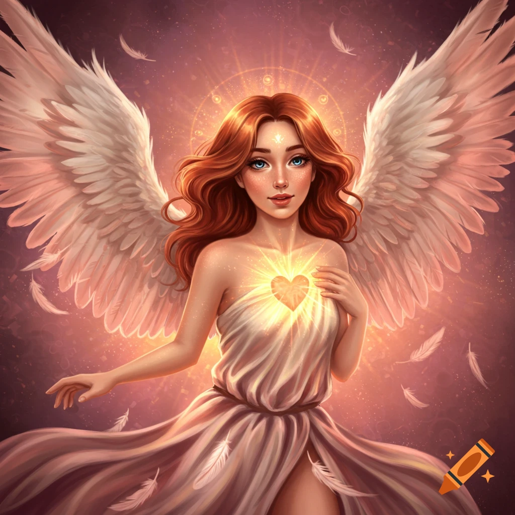 An angelic woman with red hair, white wings, and a glowing heart on her chest.