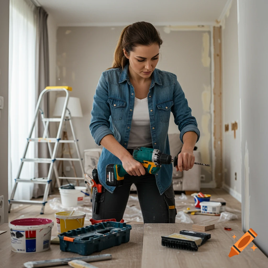 Woman working on home renovation with a power drill.