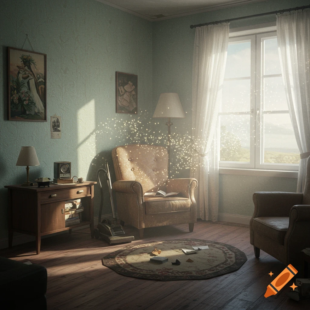 A vintage room interior with a chair, vacuum cleaner, and table, featuring sparkling light effects and sunlit window.