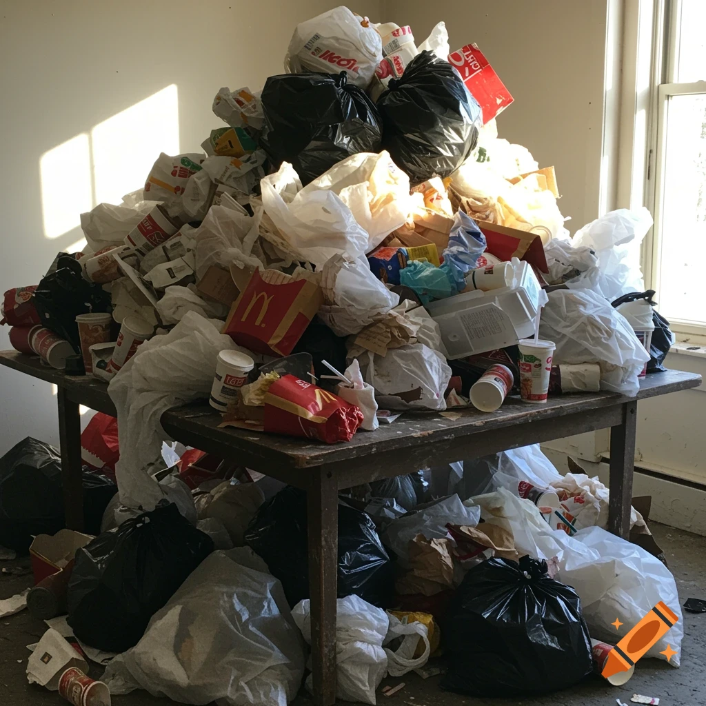 A large pile of trash, including fast food containers and plastic bags, covers and surrounds an old wooden table, lit by sunlight from a window.