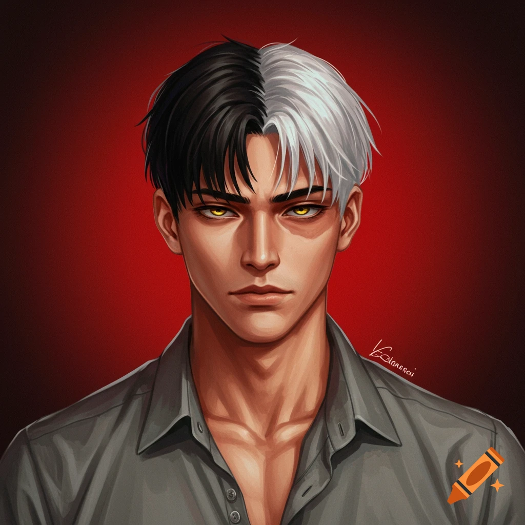 A man with split black and white hair and yellow eyes wearing a grey shirt.