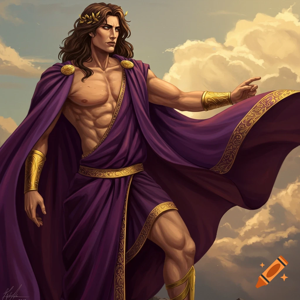 A man in a purple robe with gold trim stands against a backdrop of clouds, depicting a Greek god.