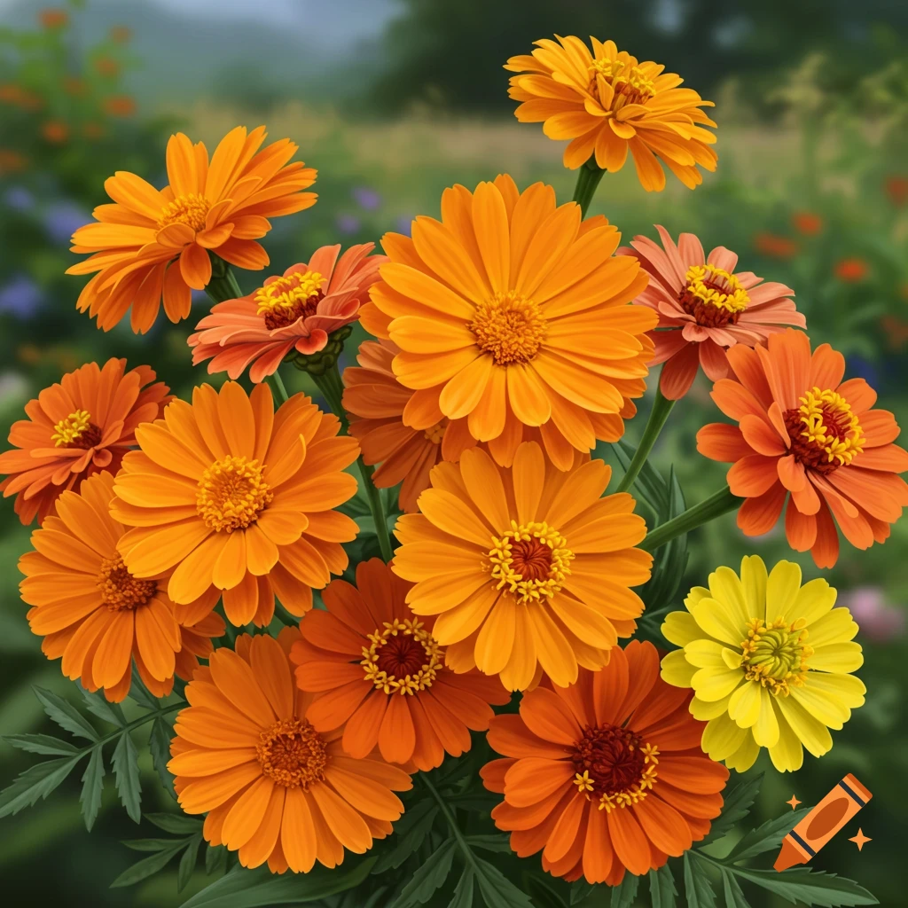 A vibrant bouquet of orange and yellow marigolds and zinnias.