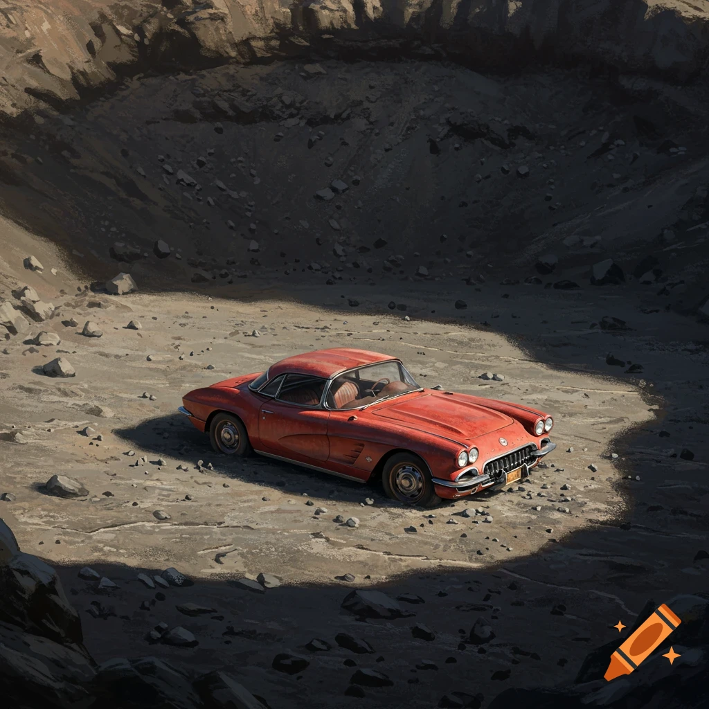 An old rusty split-window Corvette is in a meteor crater.